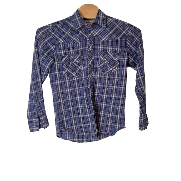 Wrangler Wrancher Pearl Snap Blue Plaid Western Shirt Size Men's Medium - Picture 1 of 6